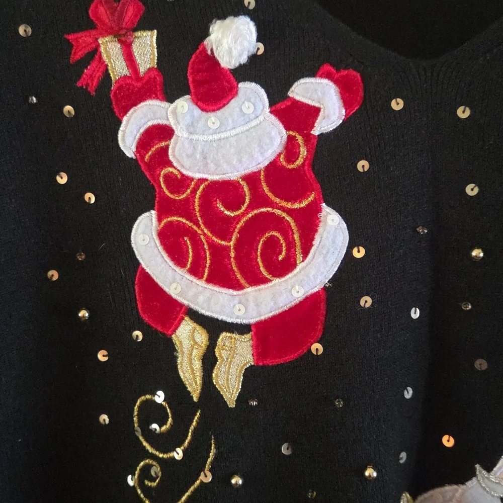 Quacker Factory Festive Black V-Neck Sweater - Picture 2 of 5